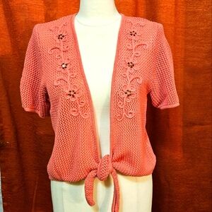 Alfred Dunner Coral Pink Embroidered Tie-Front Cardigan